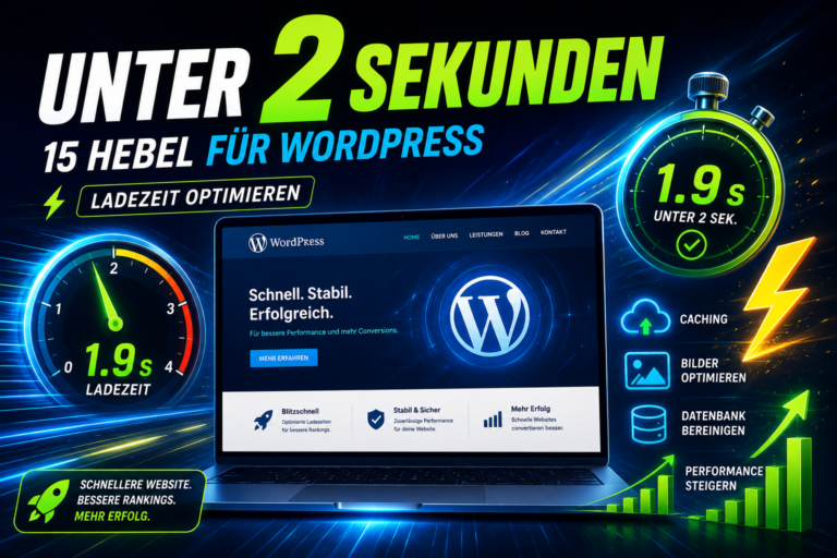 Werbebanner mit Laptop und WordPress-Logo, großem Text „Unter 2 Sekunden“ und Leistungsgrafiken