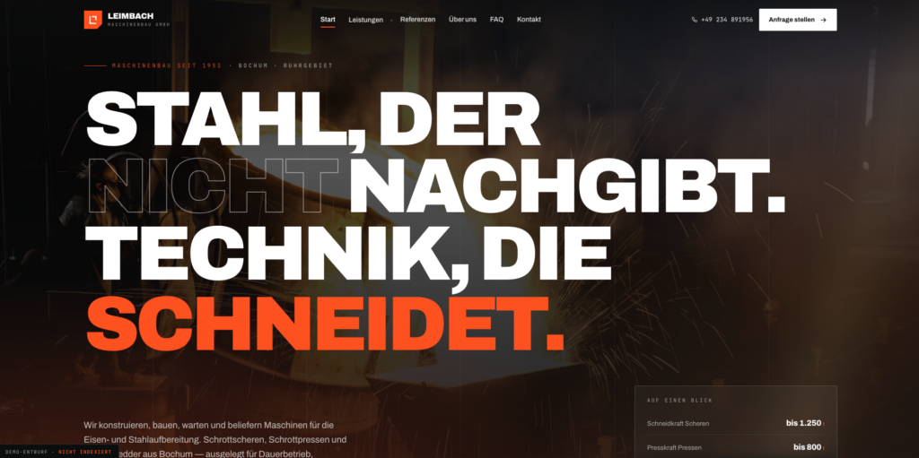 Startseite einer Maschinenbau-Website mit großem Slogan StahI, der nicht nachgibt. Technik, die schneidet