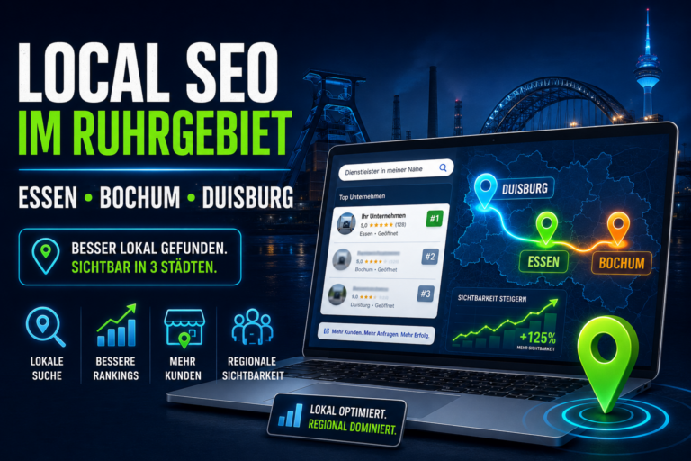 Werbegrafik für Local SEO im Ruhrgebiet mit Laptop, Kartenmarkern und Städten Essen, Bochum, Duisburg
