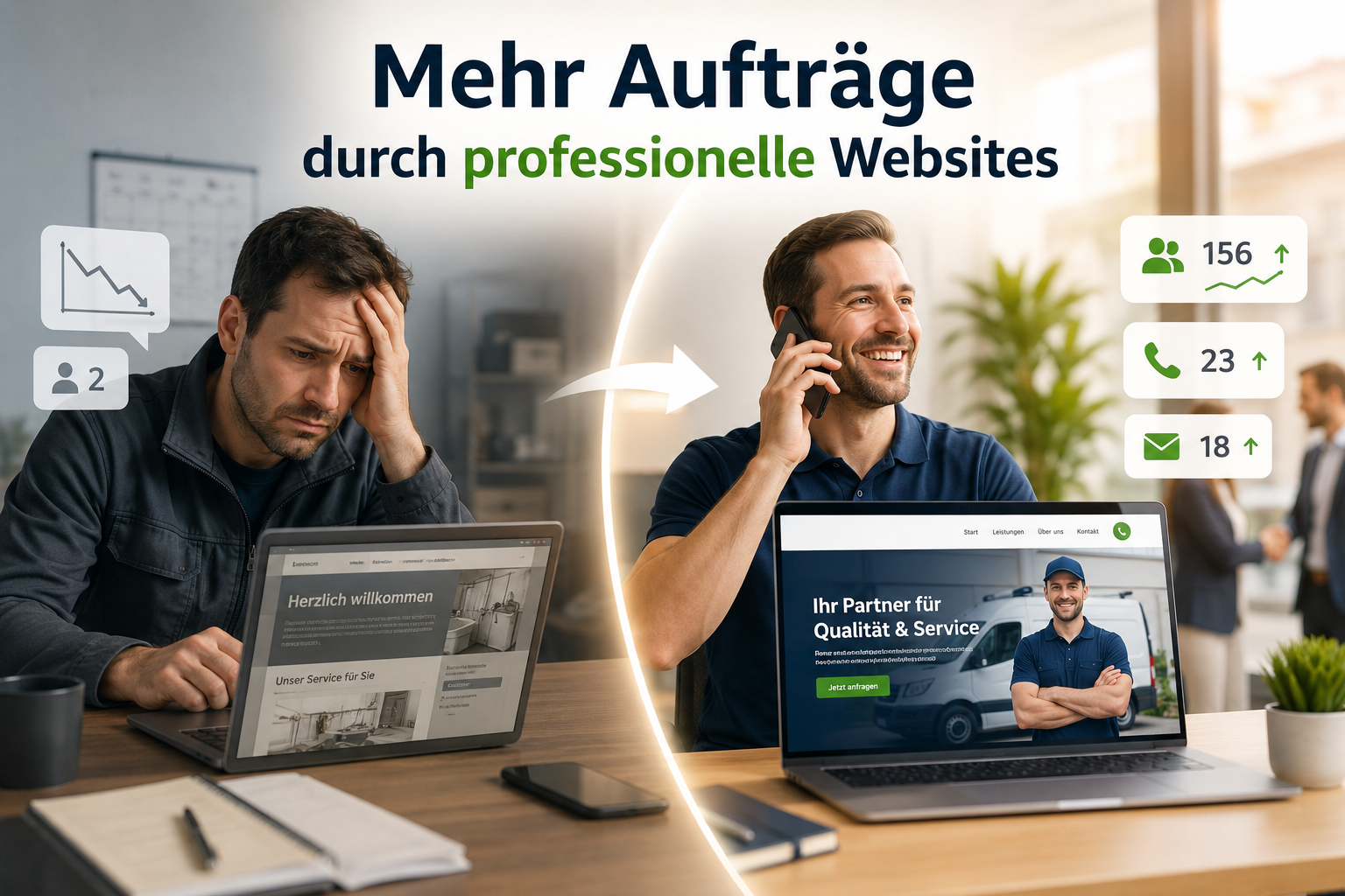 Geteiltes Werbebild: links frustrierter Mann mit schwacher Website, rechts lächelnder Mann am Telefon mit erfolgreicher Website und Kennzahlen