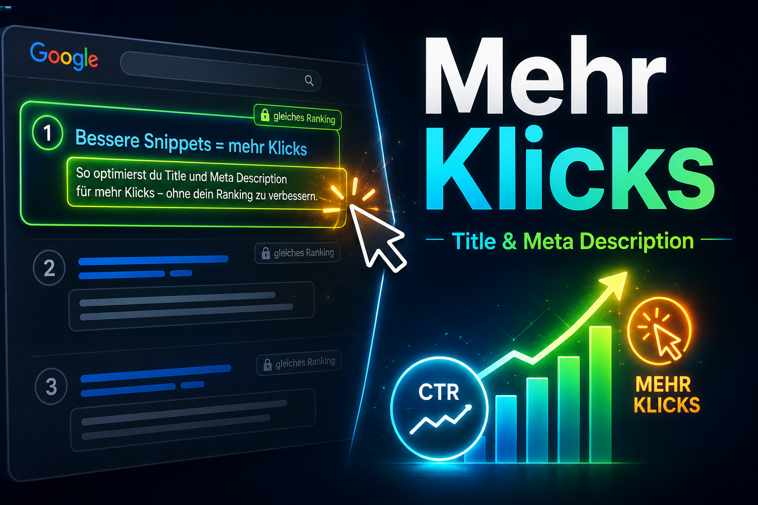 Deutschsprachige SEO-Grafik zu mehr Klicks durch bessere Snippets, Title und Meta Description, mit CTR-Diagramm und Cursor