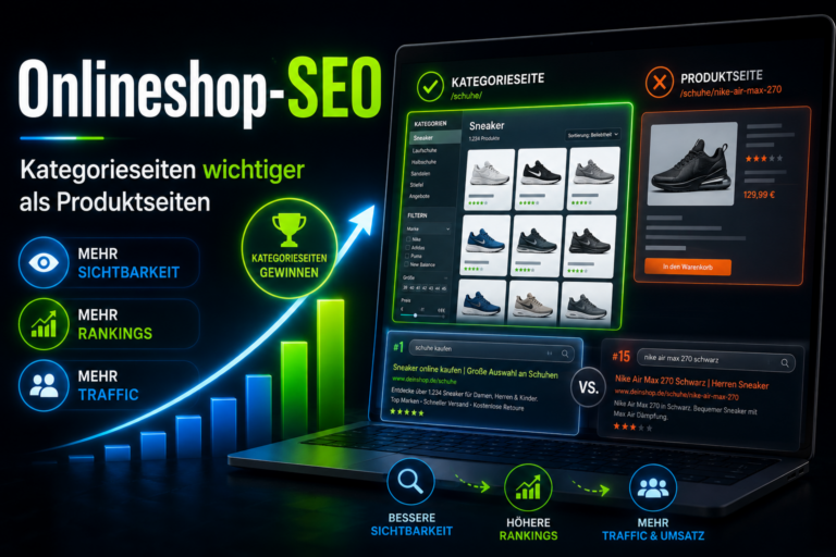 Infografik zu Onlineshop-SEO mit Laptop, Kategorienseite versus Produktseite und hervorgehobenen Vorteilen