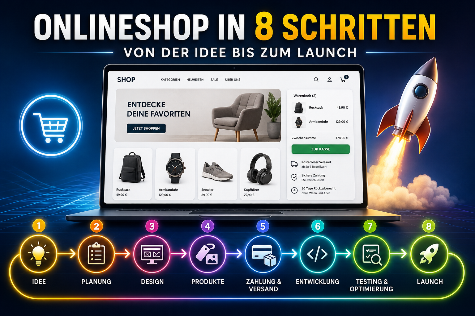 Infografik: Onlineshop in 8 Schritten vom Idea bis zum Launch mit Laptop, Rakete und Prozesssymbolen