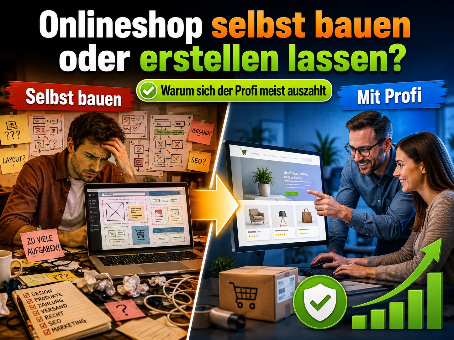 Grafik mit dem Text Onlineshop selbst bauen oder erstellen lassen? und Vergleich Selbst bauen vs. mit Profi