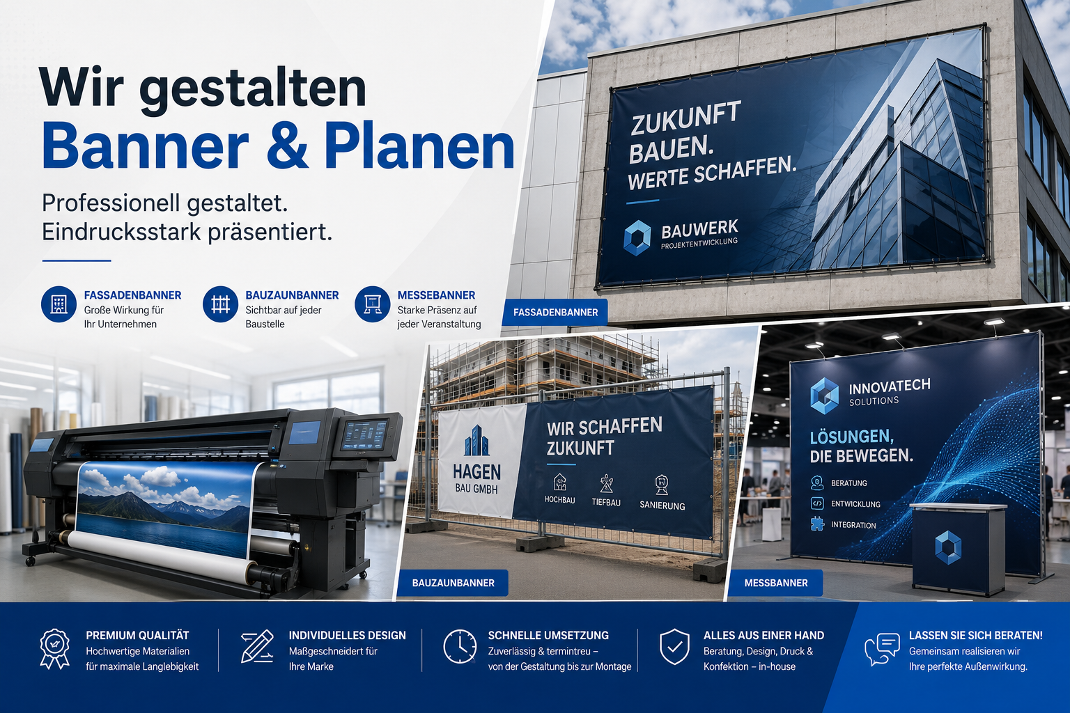 Professionelle Gestaltung von Fassadenbanner, Bauzaunbanner und Messebanner