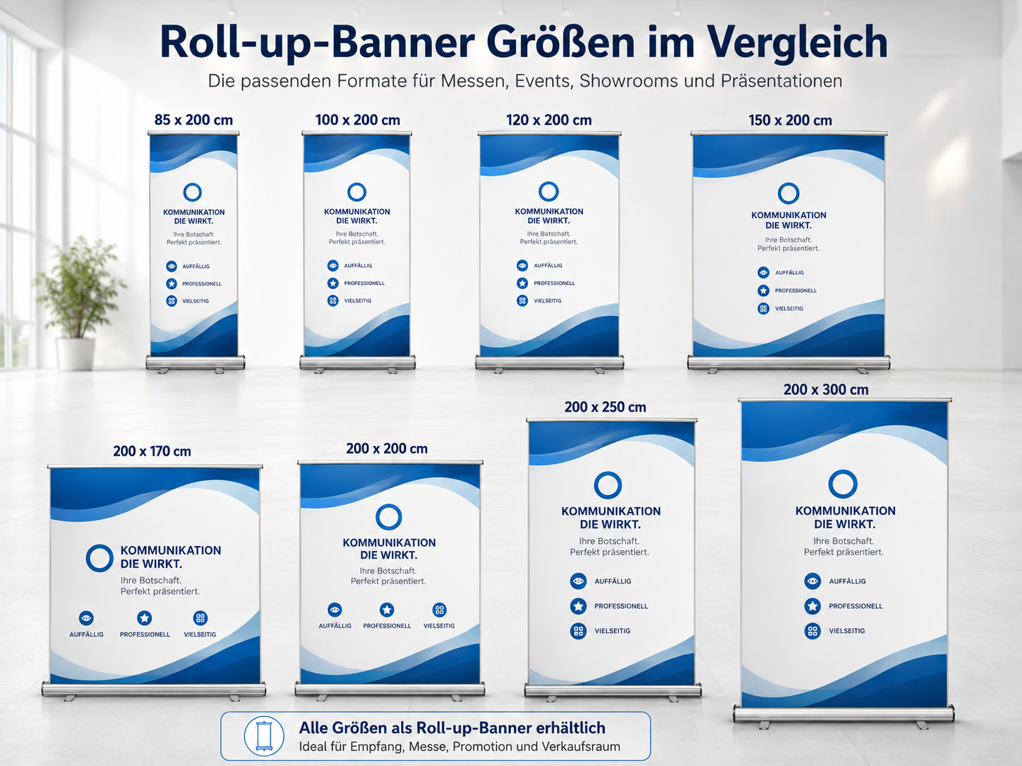 Roll-up-Banner Größen im visuellen Vergleich von 85 x 200 cm bis 200 x 300 cm