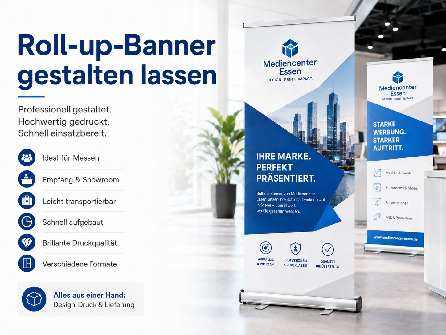 Professionell gestaltete Roll-up-Banner in einem modernen Showroom