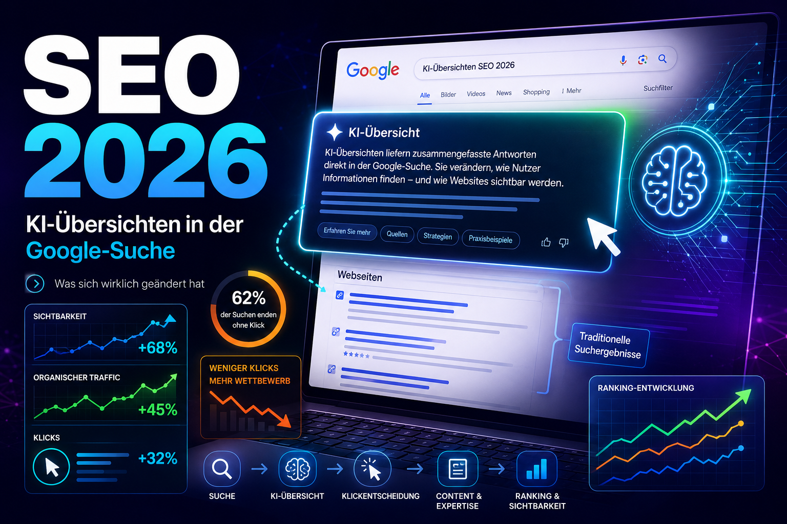 Infografik zu SEO 2026 mit Google-KI-Übersichten, Diagrammen und sinkenden Klicks