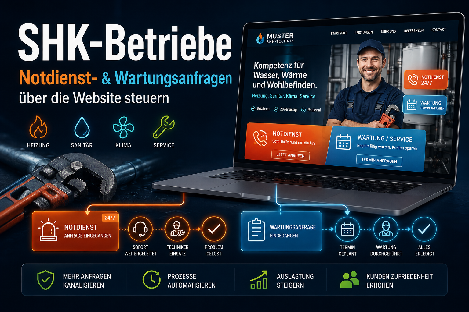 Werbegrafik für SHK-Betriebe mit Website-Bedienung für Notdienst und Wartungsanfragen auf Laptop und Symbolen für Heizung, Sanitär, Klima und Service