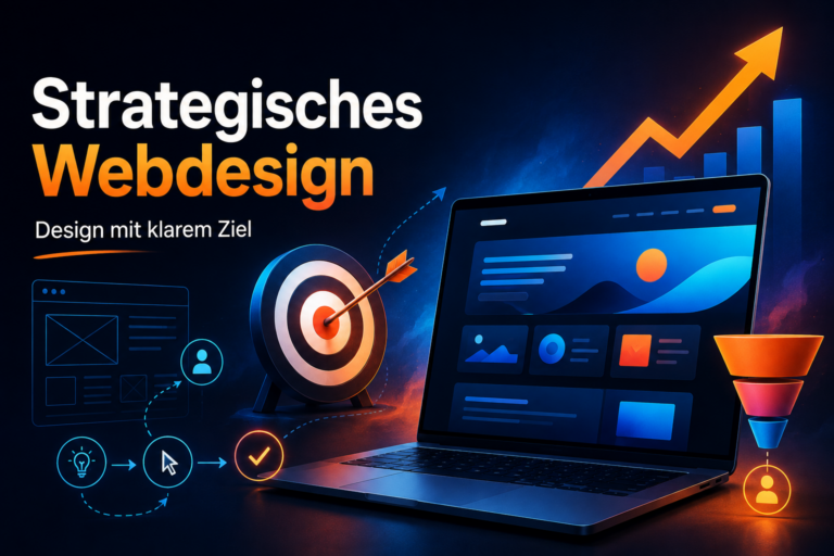 Grafik mit der Aufschrift „Strategisches Webdesign“ und Laptop, Zielscheibe, Pfeil und Wachstumssymbolen