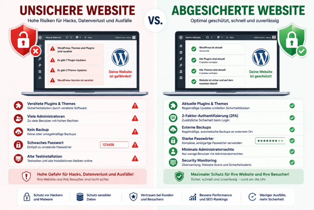 Vergleich unsichere vs. abgesicherte WordPress-Website mit Sicherheitsrisiken und Schutzmaßnahmen