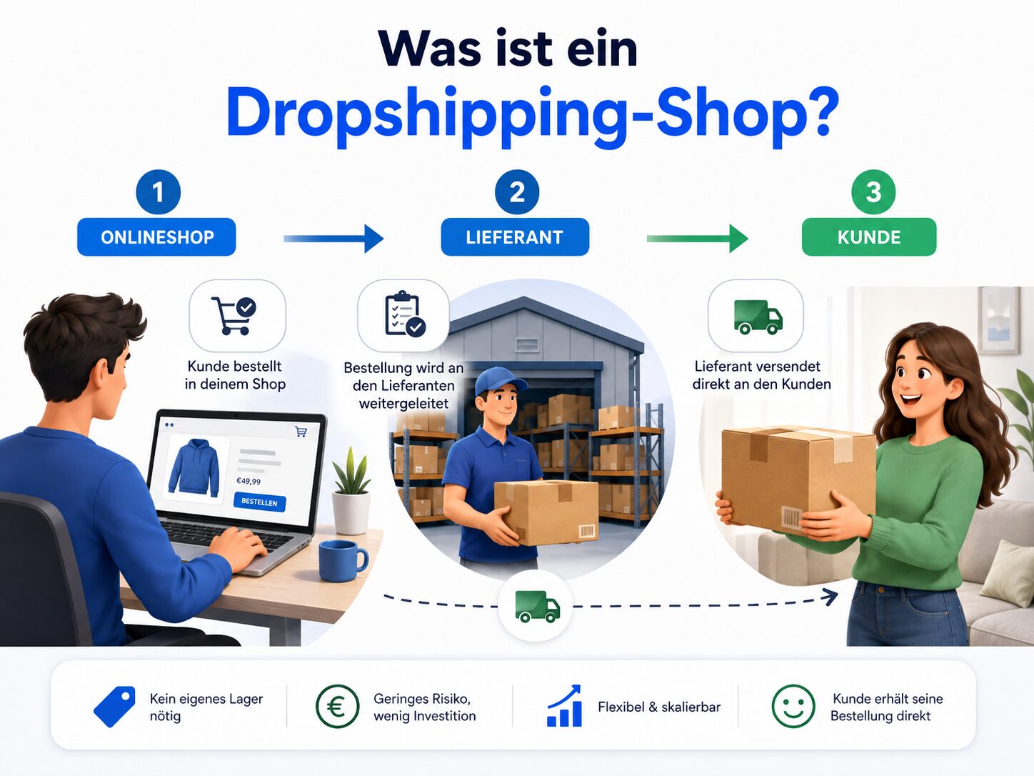 Produktseite eines WooCommerce-Dropshipping-Shops mit Warenkorb und Versandinformationen