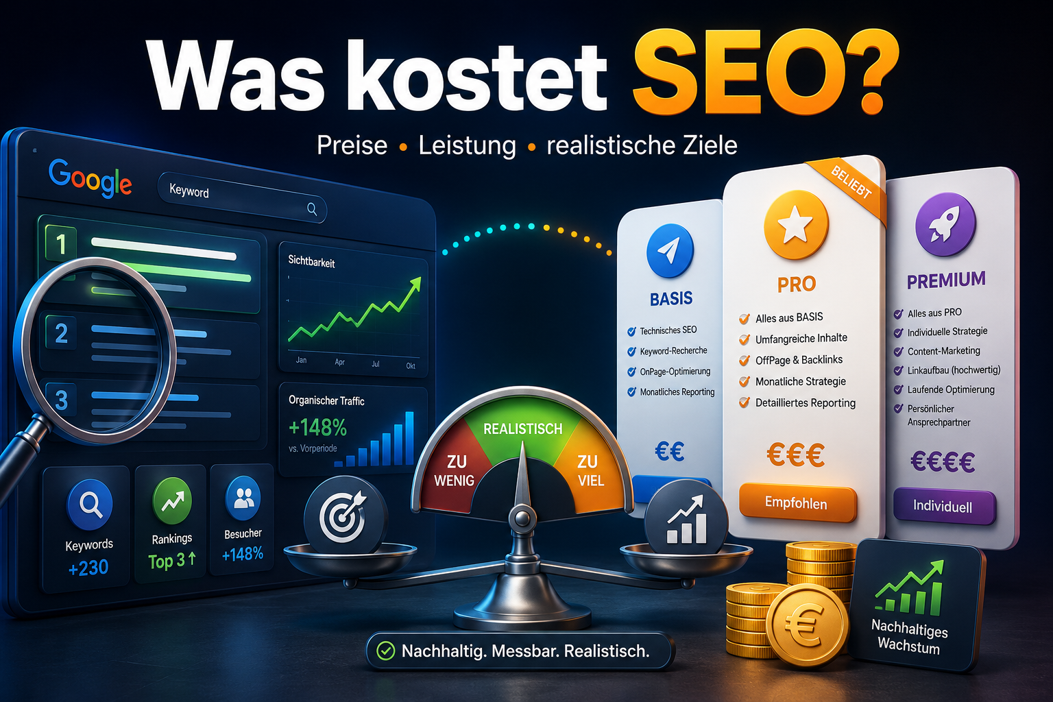 SEO-Kosten-Grafik mit Preisstufen Basis, Pro und Premium, Suchergebnissen, Diagrammen und Münzen