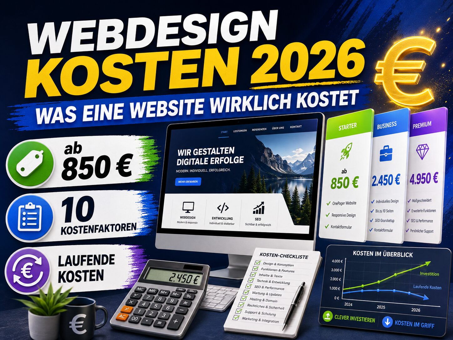 Grafik zu Webdesign-Kosten 2026 mit Preisvergleich, Taschenrechner, Monitor und Kostenübersicht