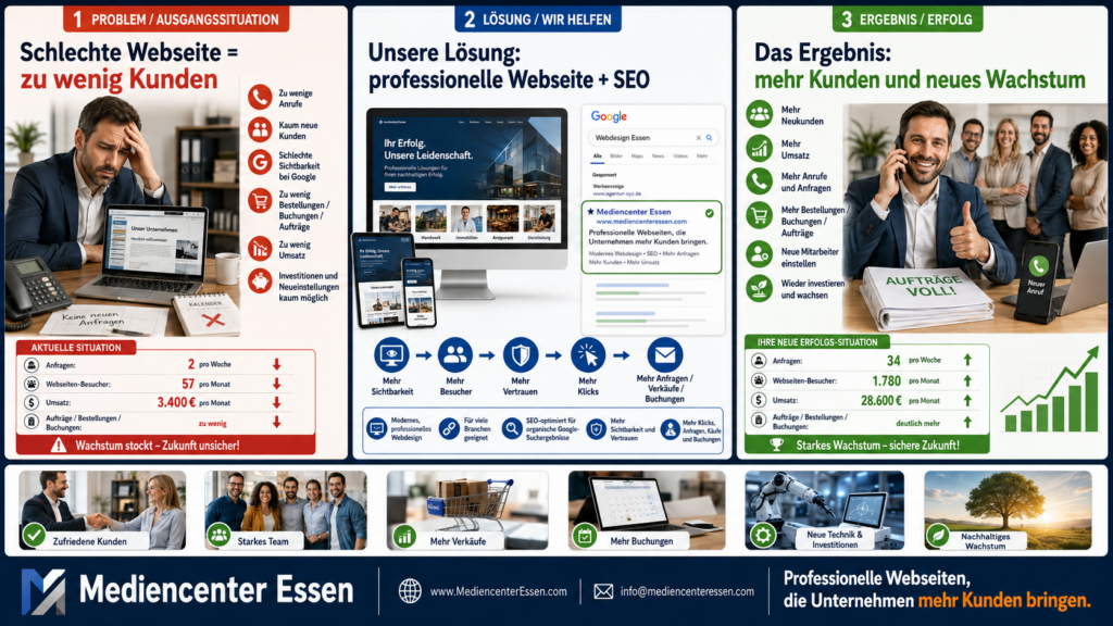 Infografik: Schlechte Website führt zu wenig Kunden, bessere Website mit SEO bringt mehr Anfragen und Wachstum