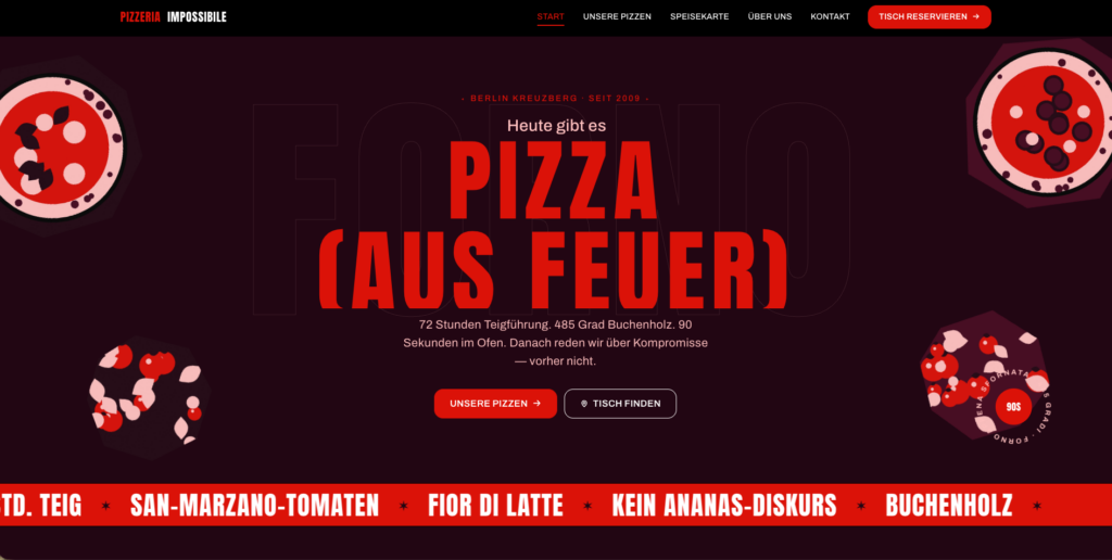Pizzeria-Website mit großem Hero-Text „Pizza aus Feuer“ und roten Buttons auf dunklem Hintergrund