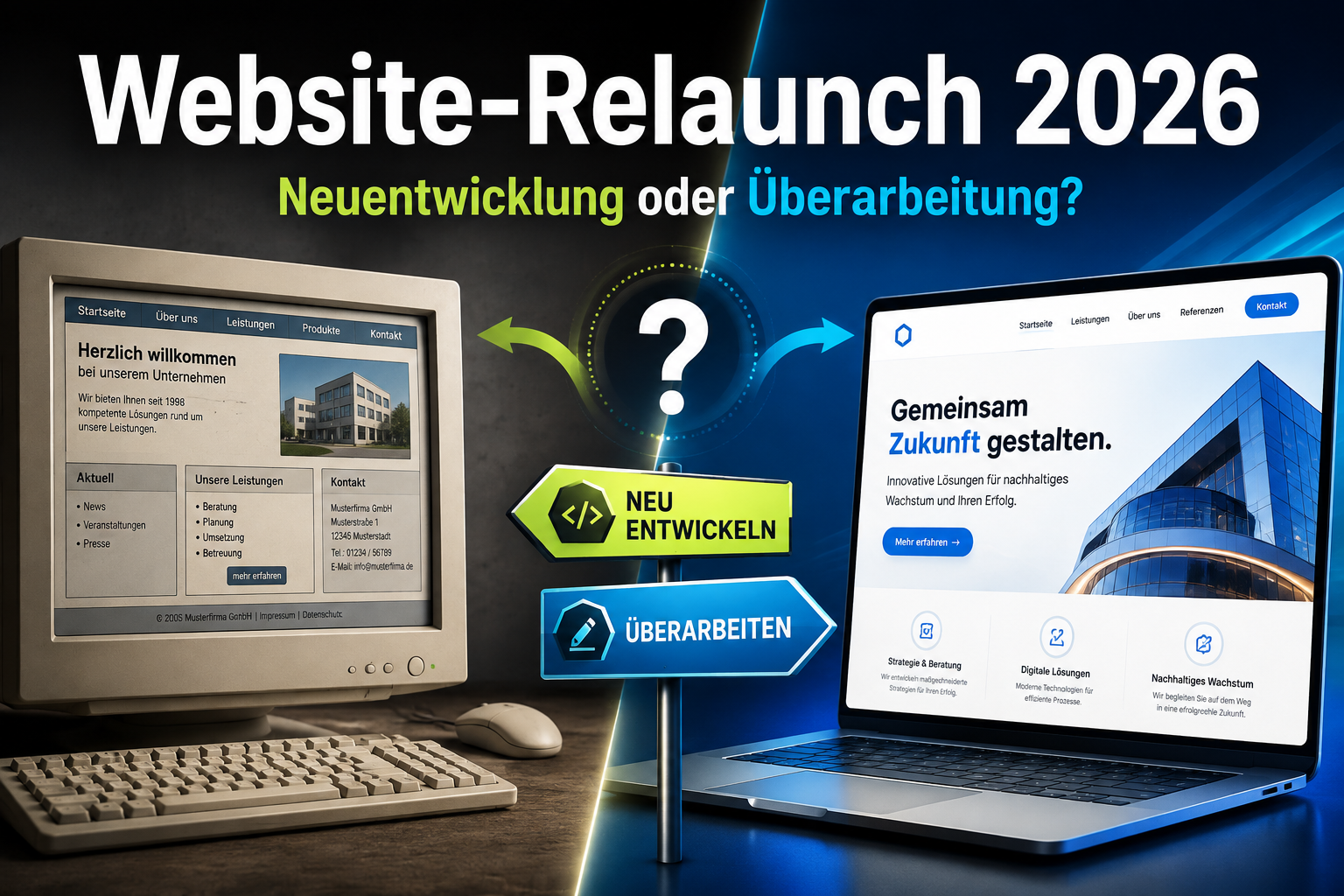 Website-Relaunch 2026 mit altem Desktop-Design links und modernem Laptop-Design rechts; „Neu entwickeln“ oder „Überarbeiten?“