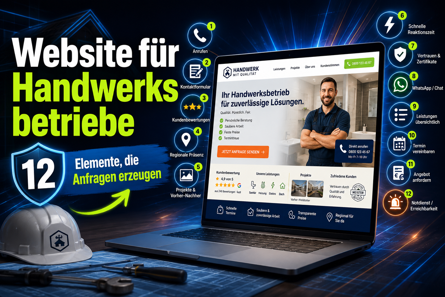 Werbegrafik für eine Handwerker-Website mit Laptop, Helmen und 12 Anfragen-Elementen