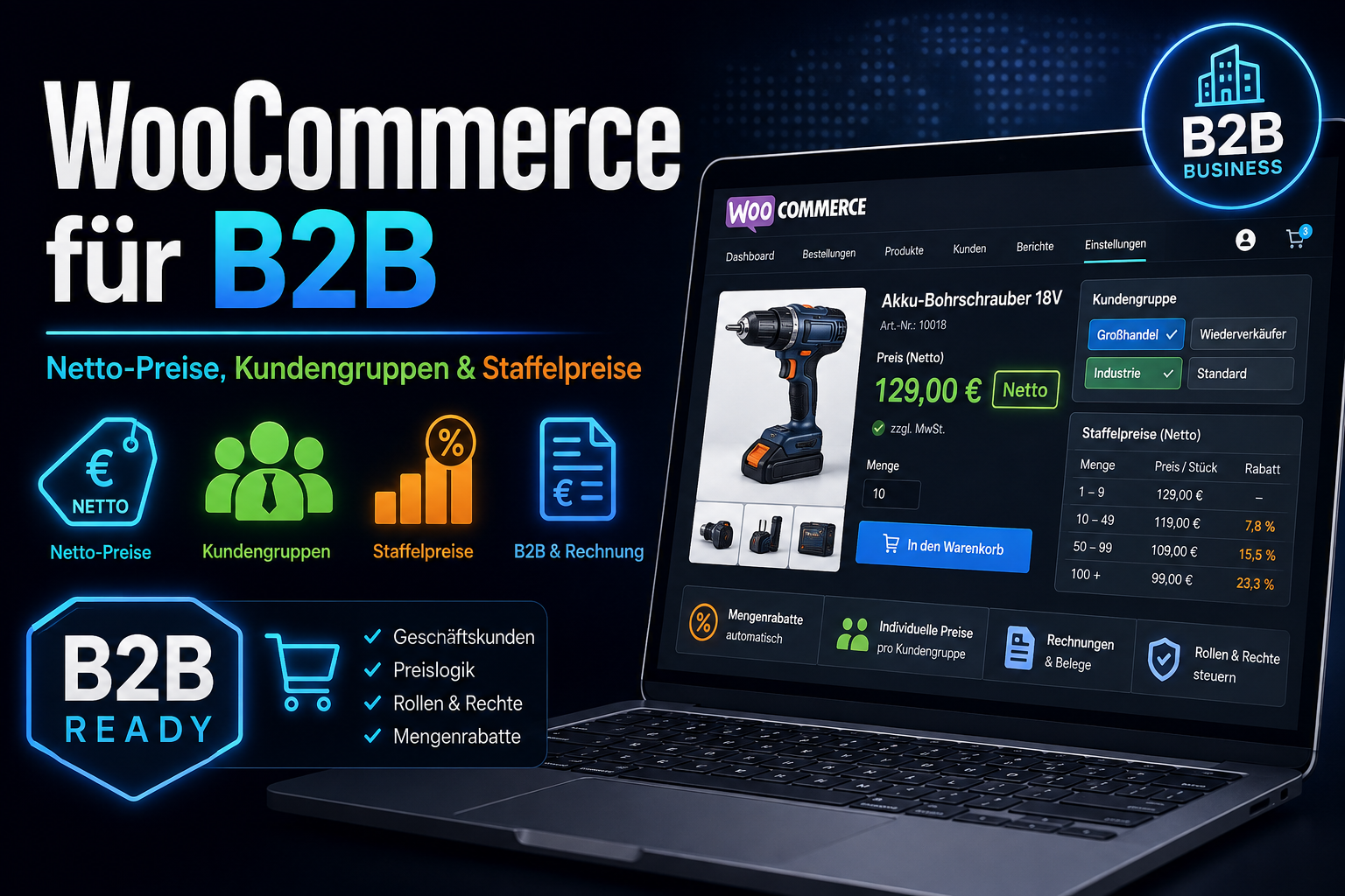 Werbebanner für WooCommerce B2B mit Laptop, Preisen, Kundengruppen und Staffelpreisen
