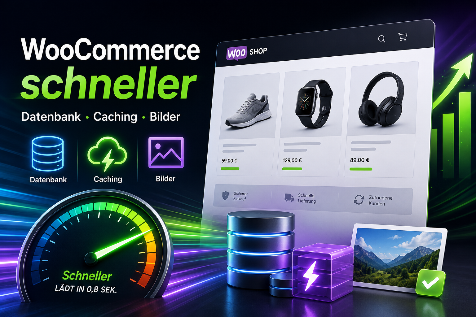 WooCommerce schneller mit Datenbank-, Caching- und Bild-Optimierung, Ladeanzeige und Shop-Symbolen