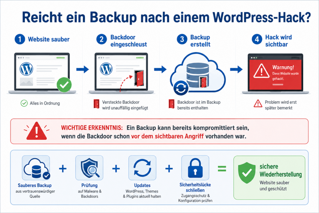 Infografik: Ein WordPress-Backup kann bereits kompromittiert sein; sichere Wiederherstellung erfordert sauberes Backup, Malware-Prüfung, Updates und Sicherheitslücken schließen