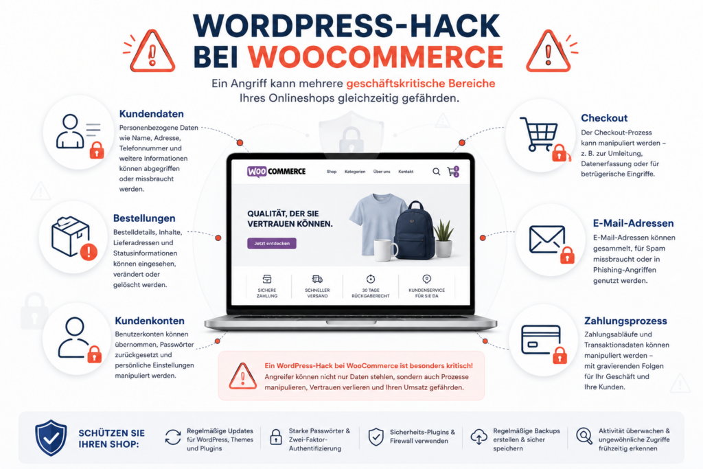 Infografik zu einem WordPress-Hack bei WooCommerce mit betroffenen Bereichen, Risiken und Schutzmaßnahmen