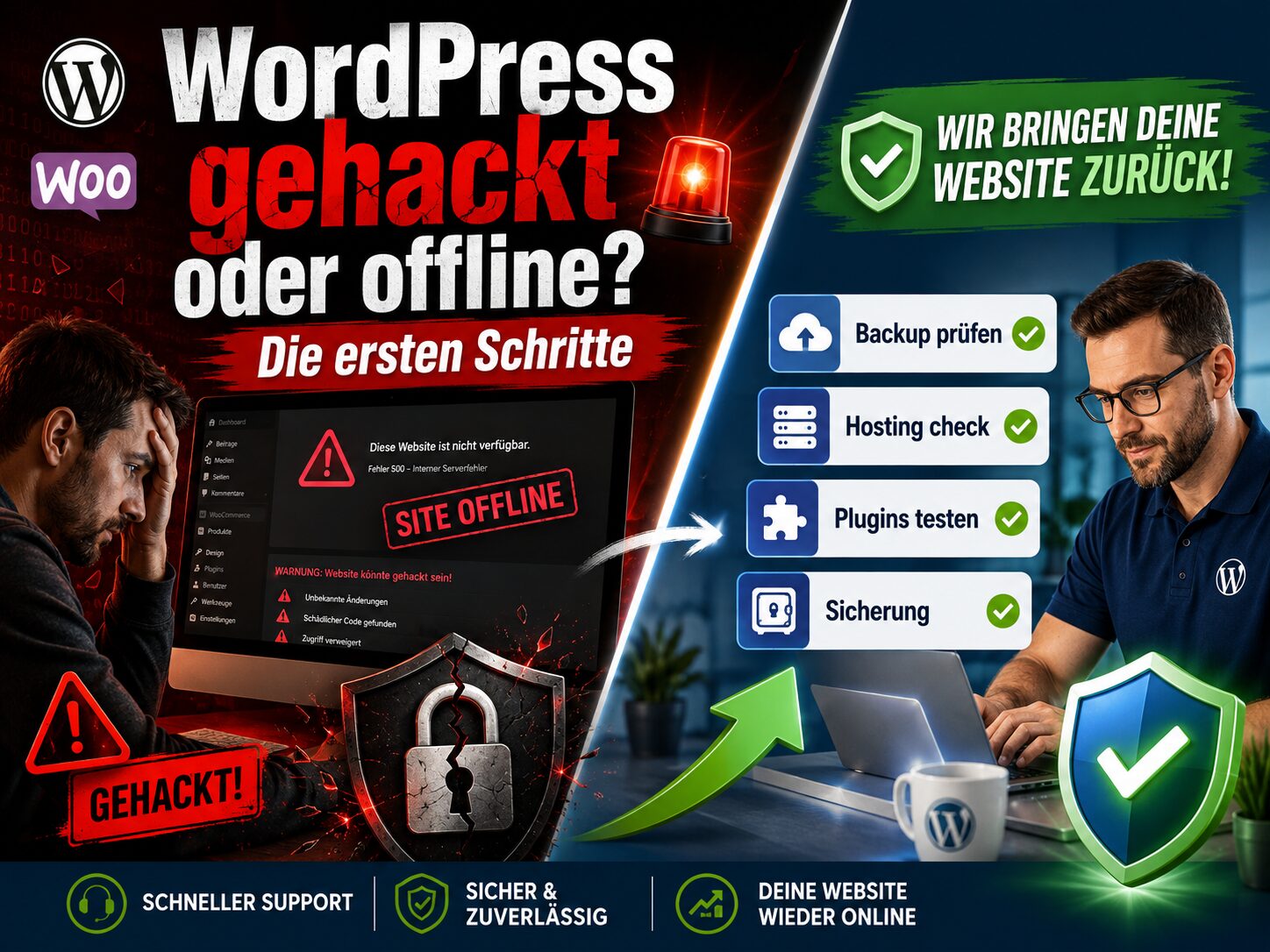 Deutschsprachiges WordPress-Thumbnail: links gehackte/offline Website mit Warnsymbolen, rechts Rettung durch Support und Sicherheitscheck