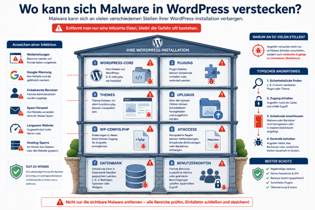 Infografik zu Verstecken von Malware in WordPress-Installation und empfohlenen Schutzmaßnahmen