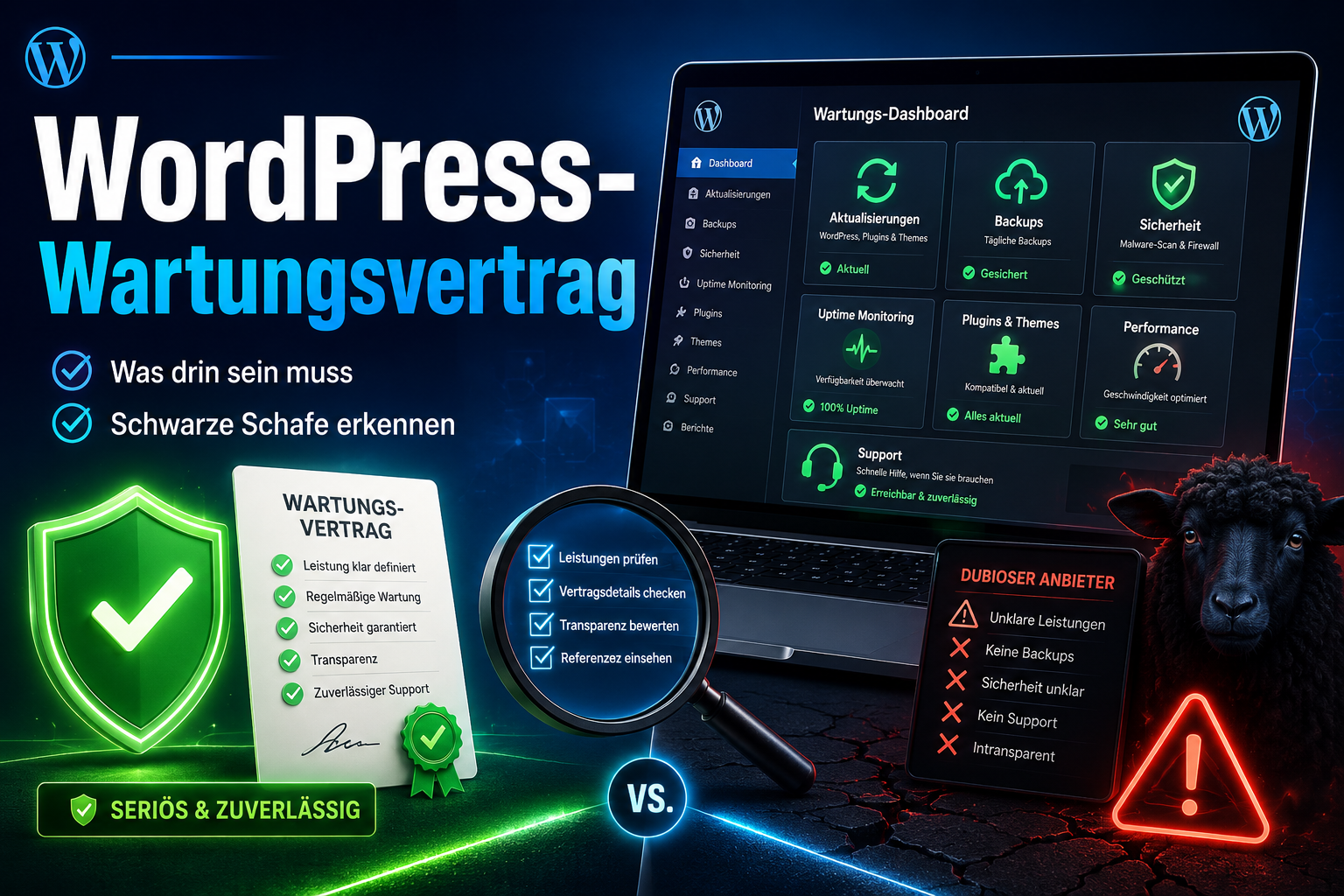 Werbegrafik zu einem WordPress-Wartungsvertrag mit Dashboard, Checklisten und Vergleich seriös versus dubios
