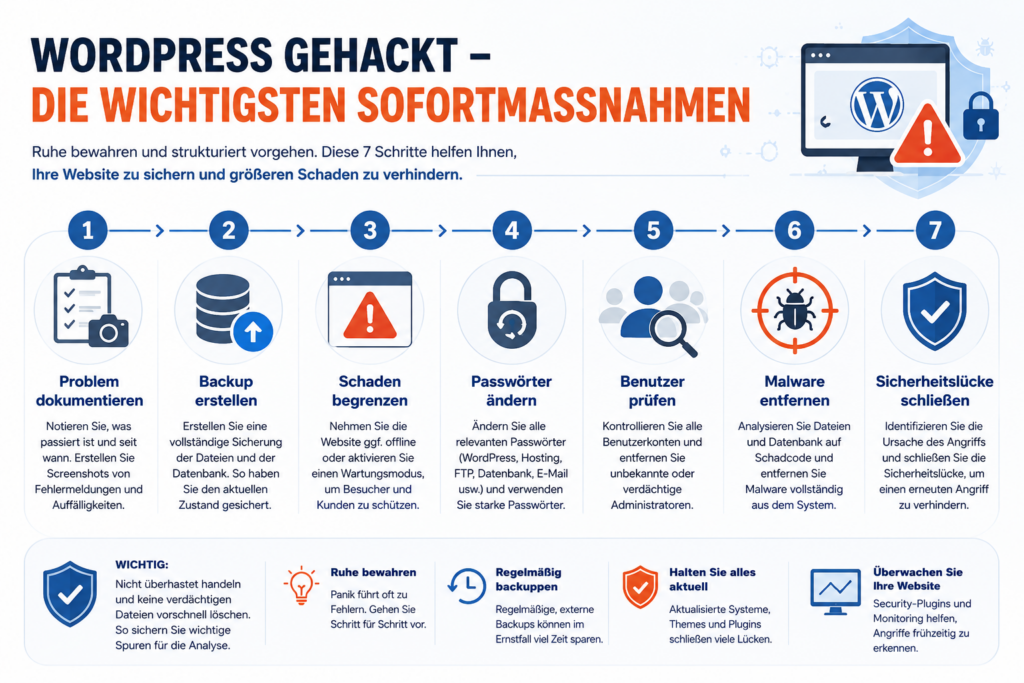 Infografik mit 7 Sofortmaßnahmen nach WordPress-Hack: dokumentieren, Backup, Schaden begrenzen, Passwörter ändern, Benutzer prüfen, Malware entfernen, Lücke schließen