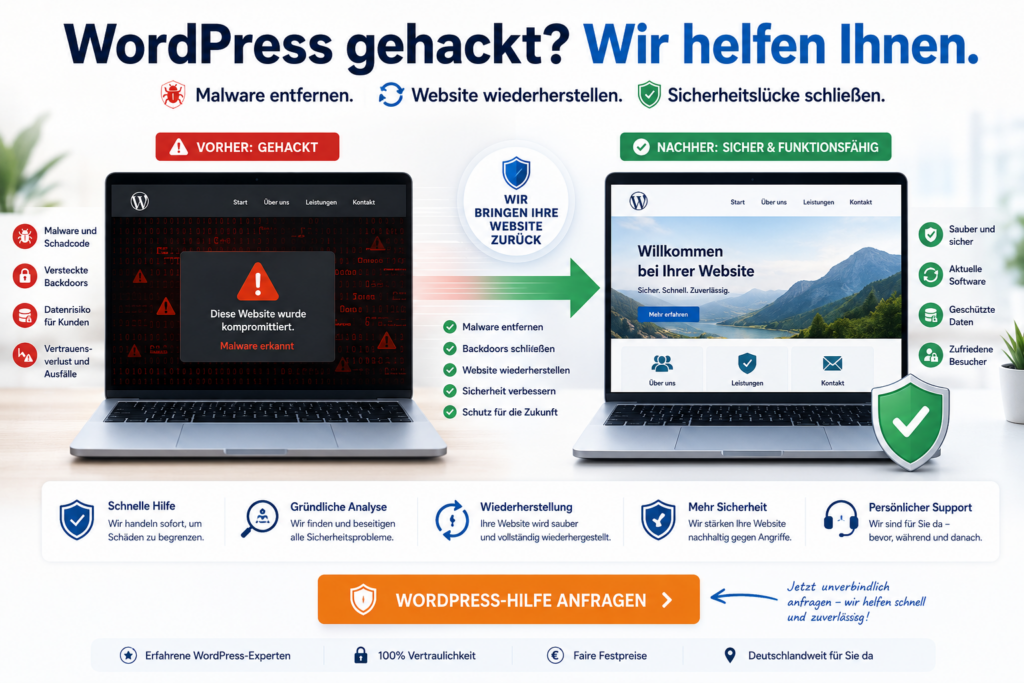 Werbung für WordPress-Hilfe nach Hacking: Malware entfernen, Website wiederherstellen und Sicherheitslücken schließen