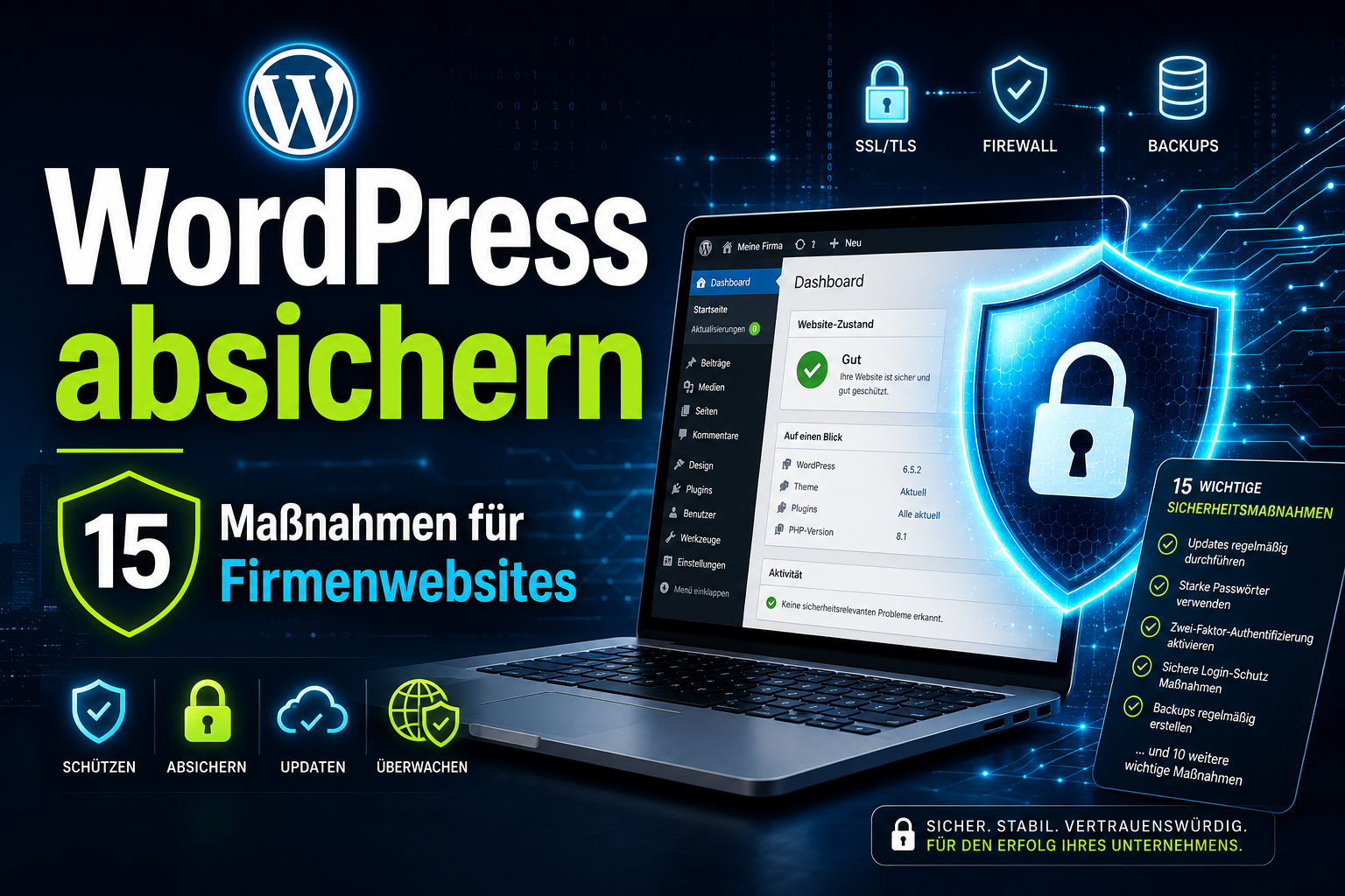 WordPress absichern: Sicherheitsgrafik mit Laptop, Schloss, Schild und 15 Maßnahmen für Firmenwebsites
