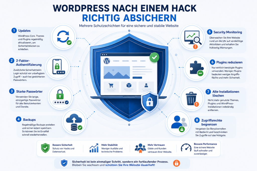Infografik mit 8 Maßnahmen zur Sicherung einer gehackten WordPress-Website, darunter Updates, 2-Faktor-Authentifizierung, Backups und Monitoring
