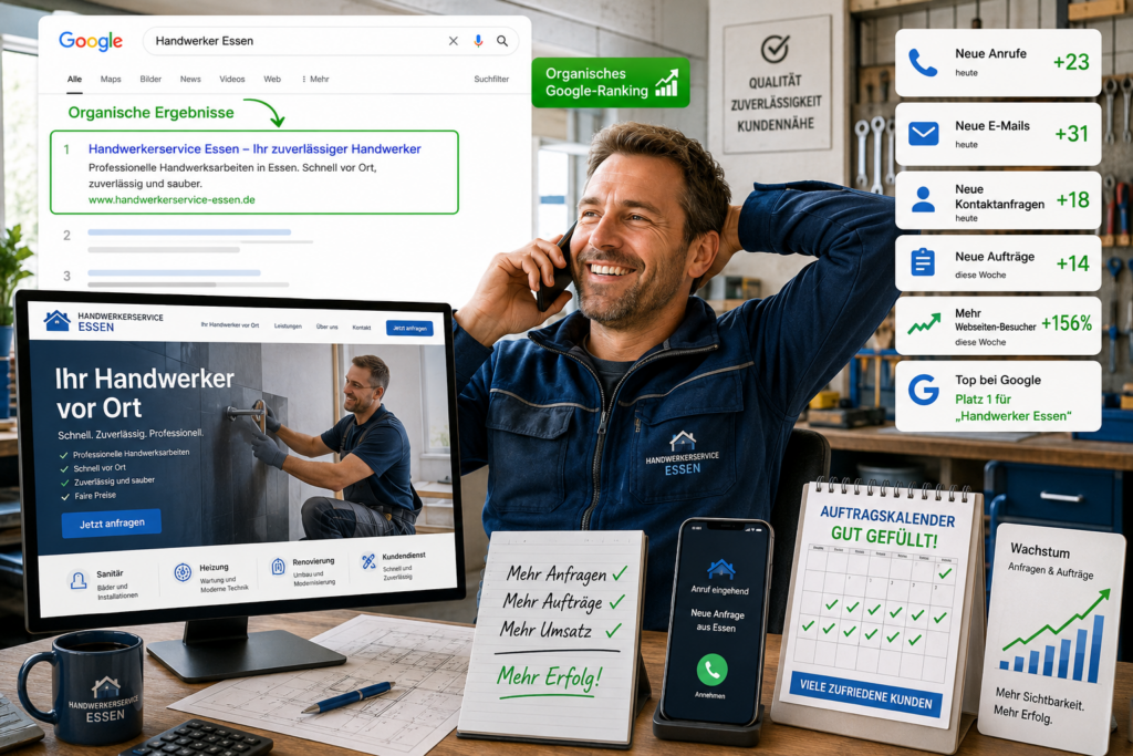 Handwerker in Werkstatt mit Google-Ranking, Website und Kennzahlen zu mehr Anfragen und Aufträgen