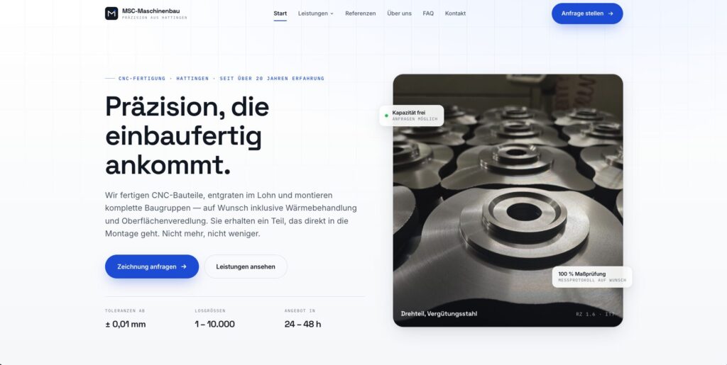 Website-Startseite von MSC-Maschinenbau mit CNC-Teilen, großer Überschrift und blauen Anfrage-Buttons