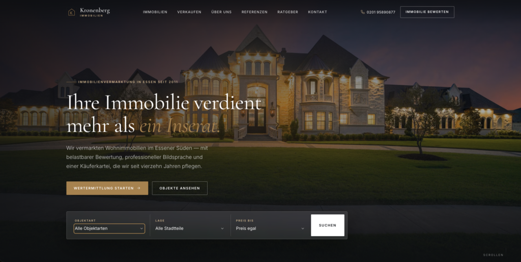 Luxuriöses Anwesen als Hintergrundmotiv für die Immobilienagentur Kronenberg Immobilien