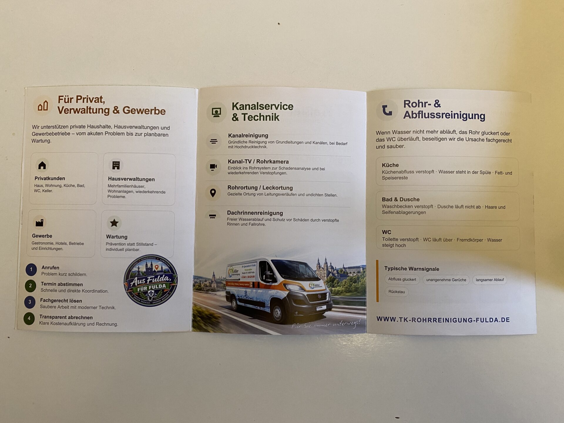Aufgeklappte Innenseiten des 6-seitigen Falzflyers auf mattem 160-g-Papier