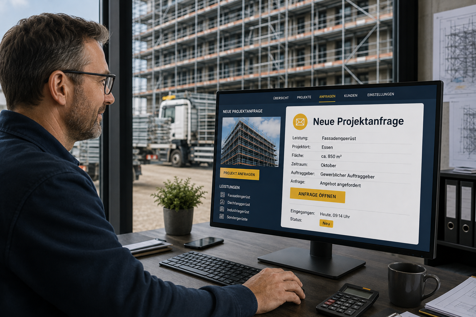 Neue Projektanfrage über die Website eines Gerüstbauunternehmens