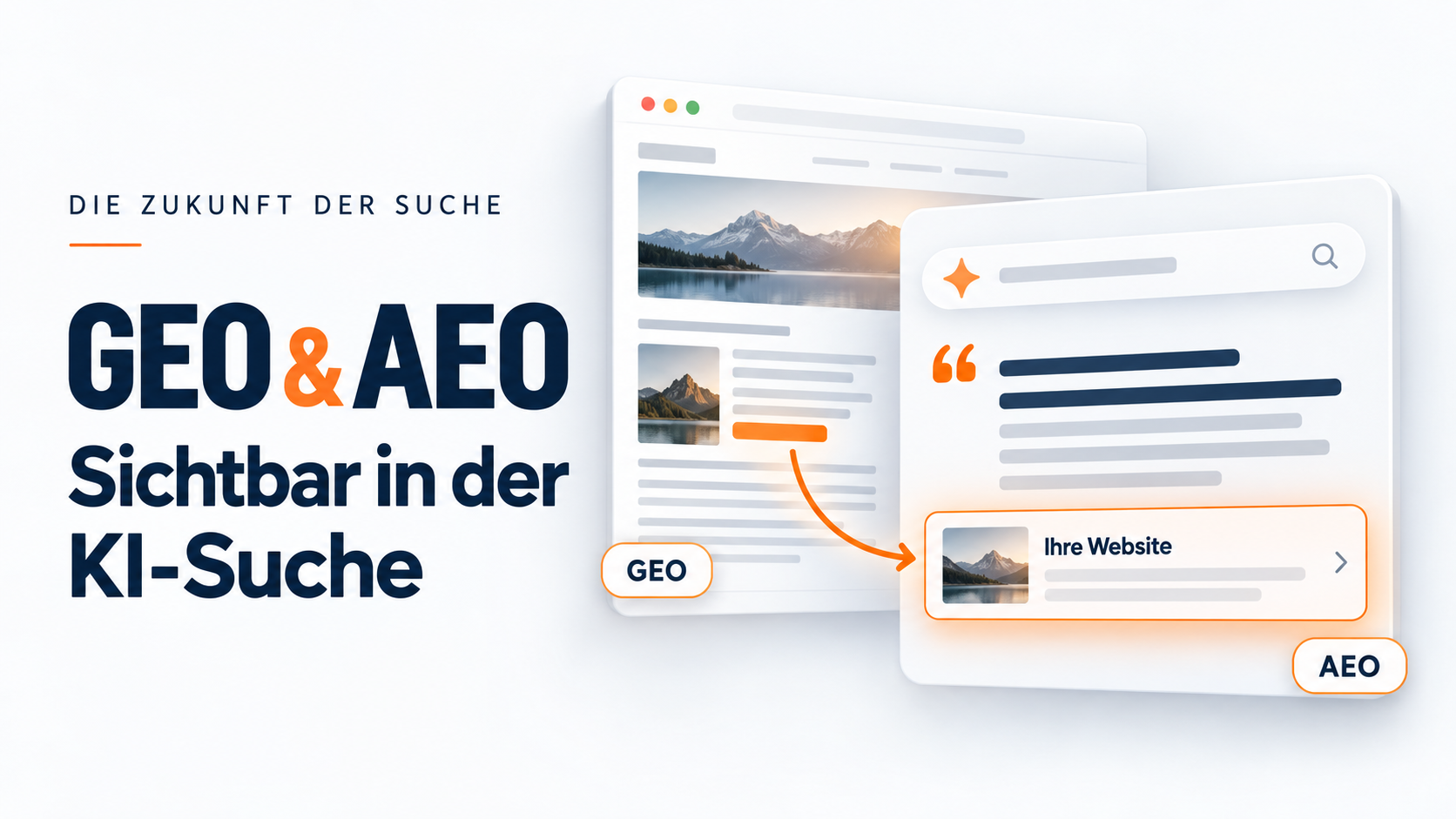 Grafik zu GEO und AEO: „Sichtbar in der KI-Suche“ mit Suchergebnis- und Website-Karten