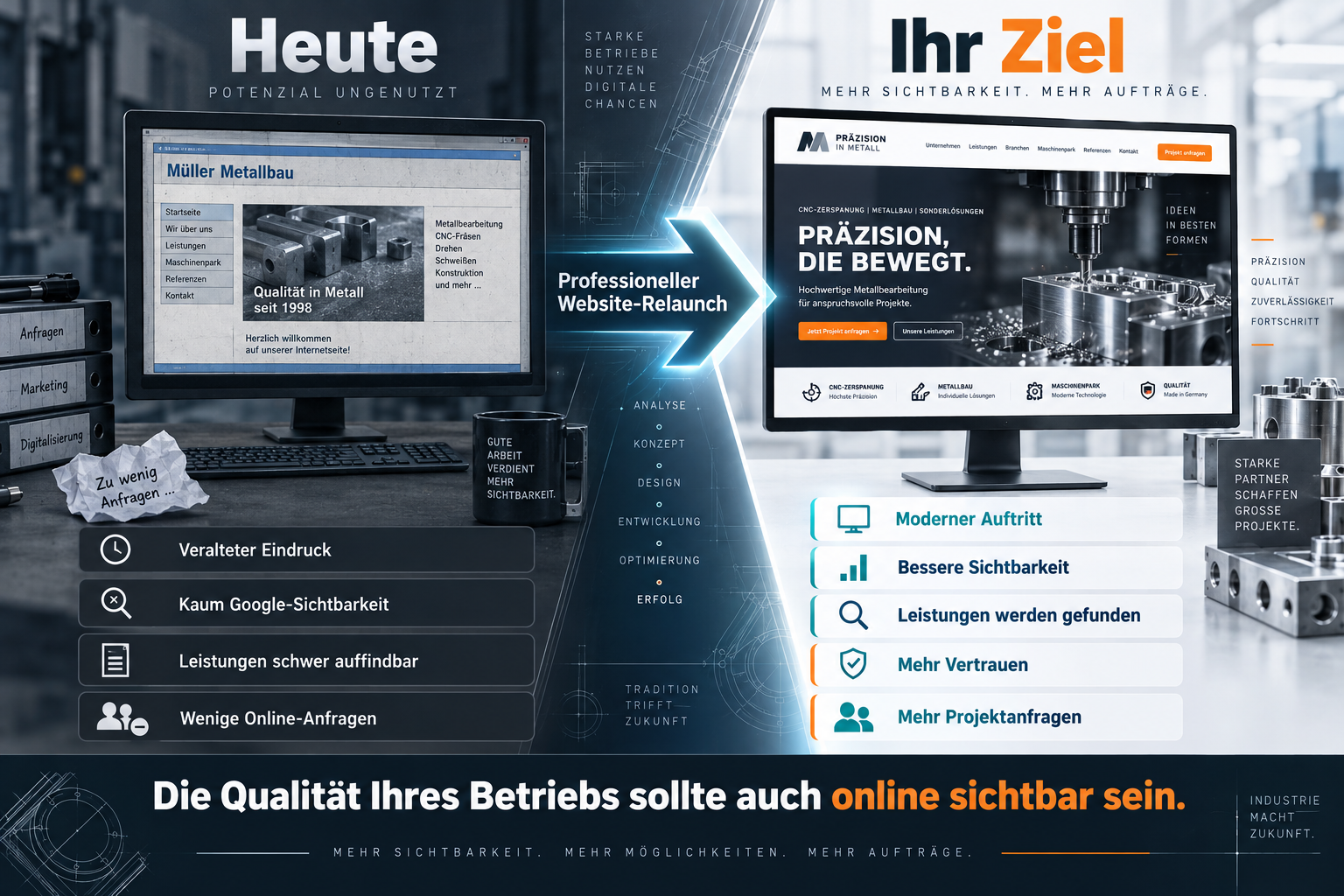 Infografik: Heute versus gewünschte Situation – vom veralteten Webauftritt zur modernen professionellen Webseite eines metallverarbeitenden Betriebs