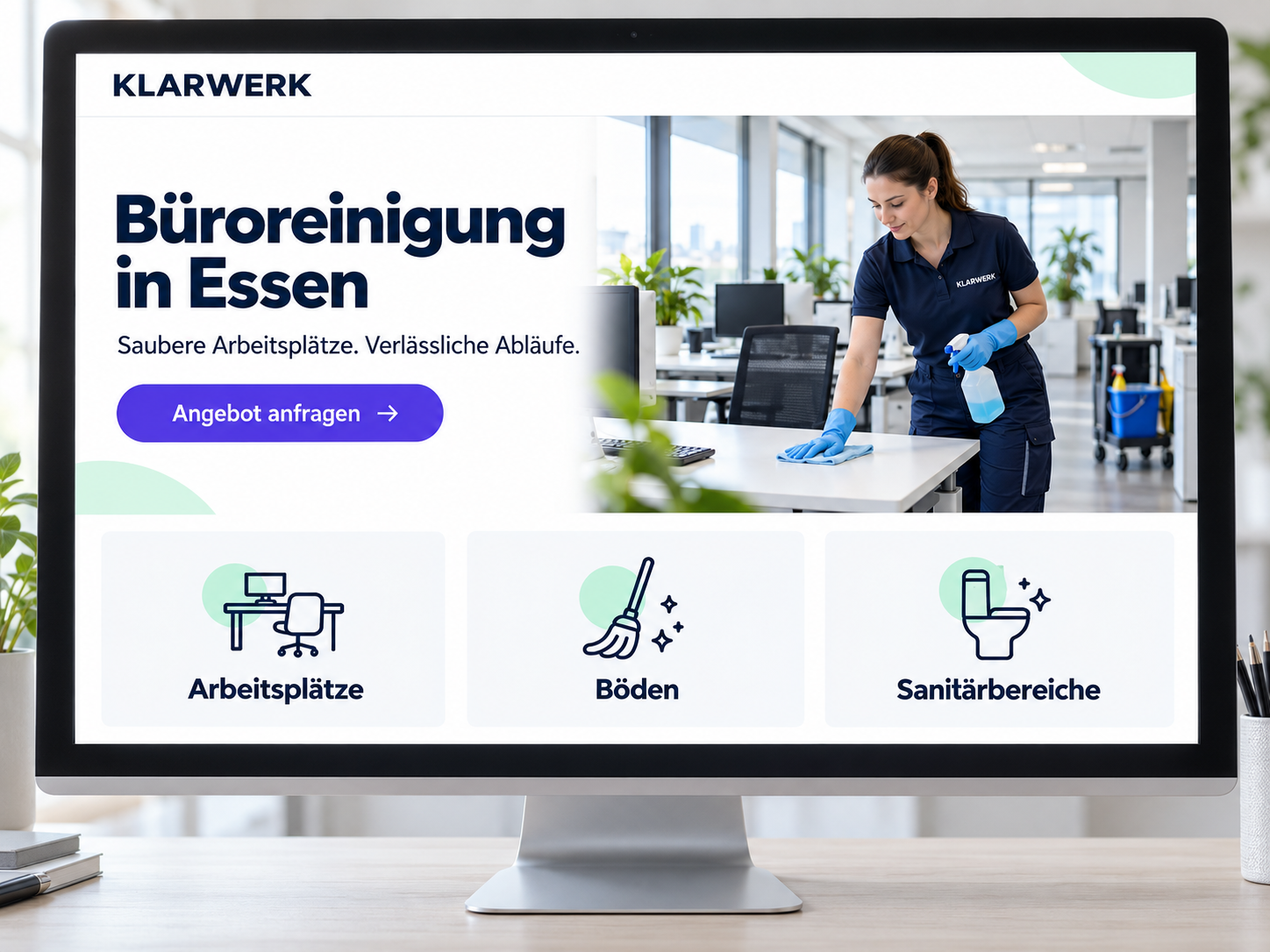 Leistungsseite für Büroreinigung mit Leistungsumfang, betreuten Objektarten und Anfragebutton