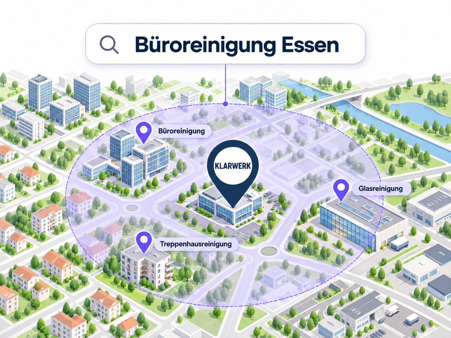 Schematische Karte verbindet Büroreinigung, Glasreinigung und Unterhaltsreinigung mit einem Einsatzgebiet