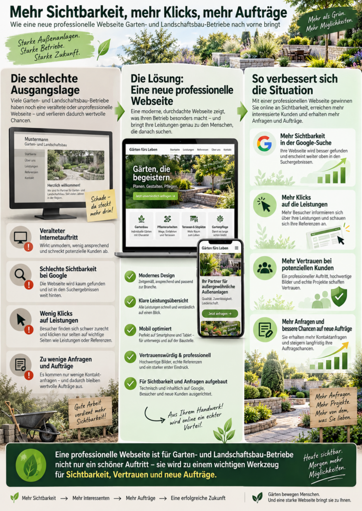 Infografik zu einer professionellen Website für Garten- und Landschaftsbau: von schlechter Ausgangslage zu mehr Sichtbarkeit, Klicks und Aufträgen
