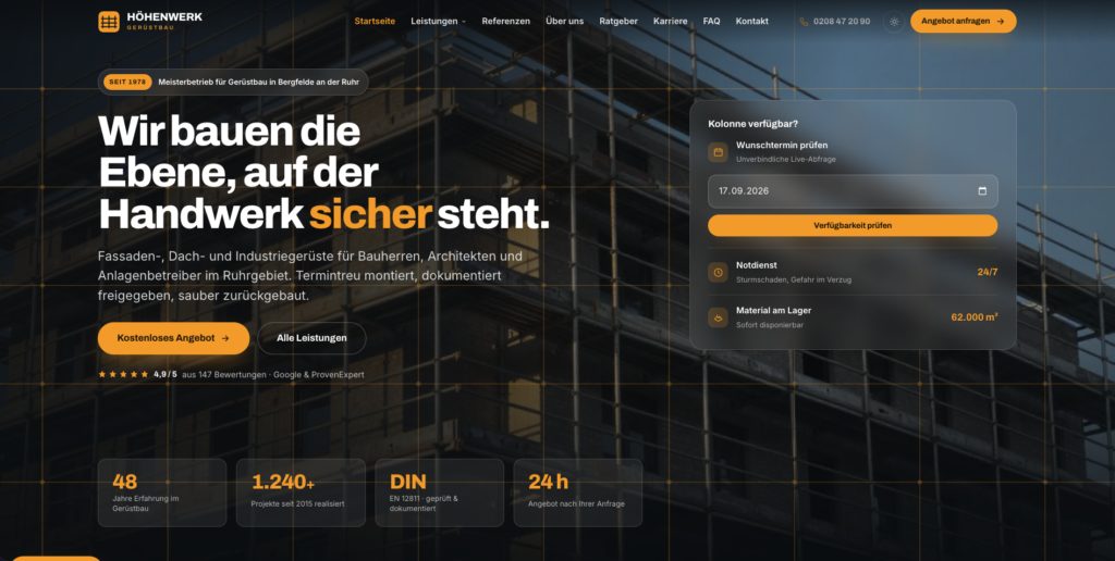 Gerüstbau-Unternehmenswebsite mit Heldenbereich, Angebots- und Verfügbarkeitsformular, Leistungsversprechen und Kennzahlen