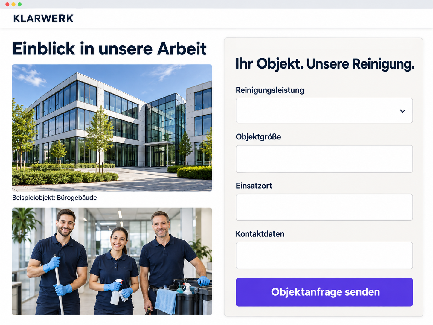 Website einer Reinigungsfirma mit Referenzobjekt, Ansprechpartner und kurzem Objektanfrageformular