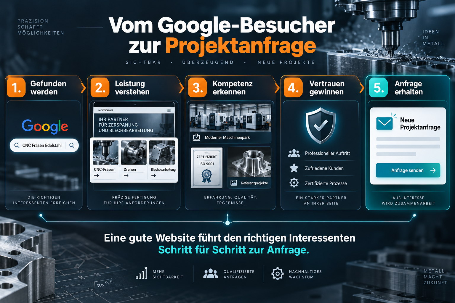 Infografik: Vom Google-Besucher zur Projektanfrage bei einem metallverarbeitenden Betrieb