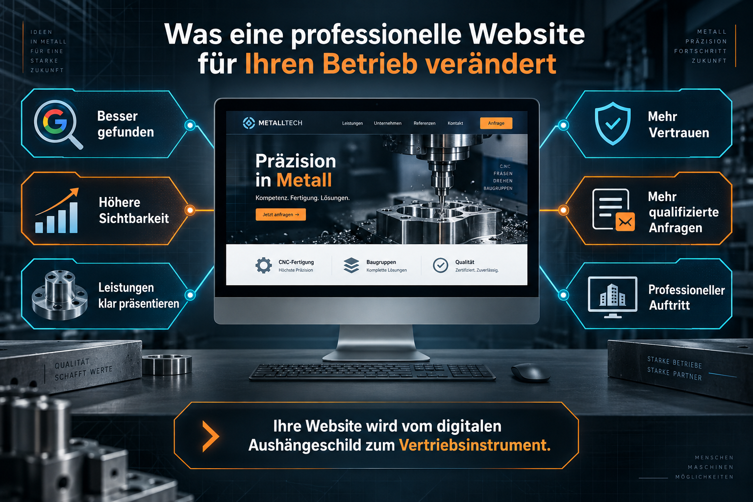 Infografik: Was eine professionelle Website für einen metallverarbeitenden Betrieb verändert – Sichtbarkeit, Vertrauen, Leistungen, Anfragen und professioneller Auftritt