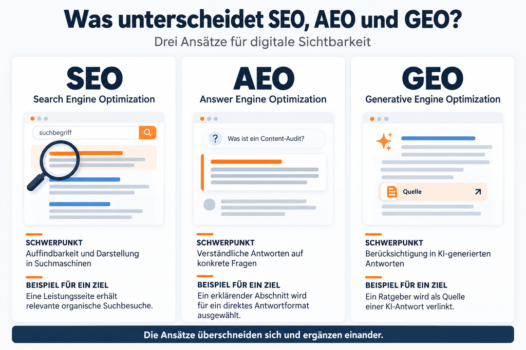 Infografik vergleicht SEO, AEO und GEO anhand ihrer Schwerpunkte und angestrebten Ergebnisse: organische Suchbesuche, direkte Antworten und Quellenverlinkungen in KI-Antworten.
