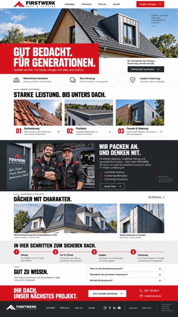 Startseite von FIRSTWERK Dach & Fassade mit Dacharbeiten, Referenzen, Team und Kontaktbereichen