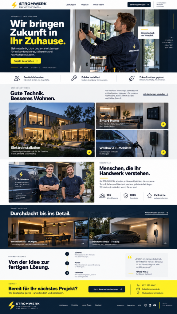 Startseite von STROMWERK Elektrotechnik mit Leistungen, Projekten, Team und Kontakt für moderne Elektroinstallationen und Smart-Home-Lösungen